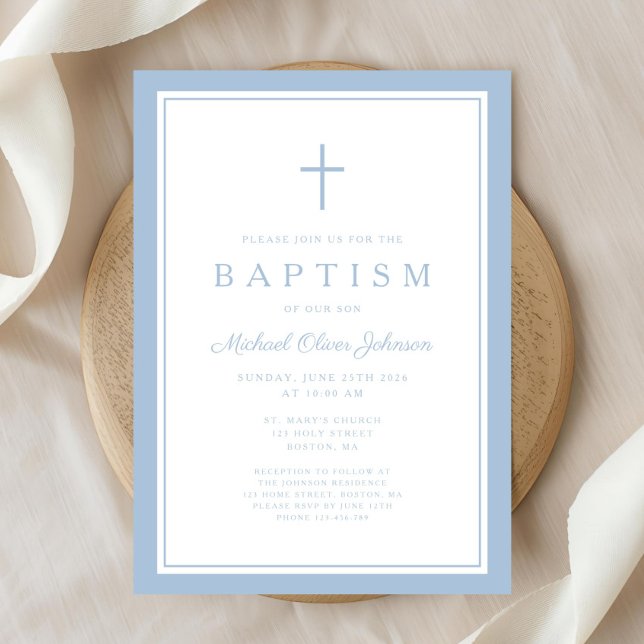 Invitation Baptême élégant de bébé garçon à la croix bleu béb (Elegant Baby Blue Cross Boy Baptism Invitation)