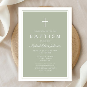 Invitation Baptême élégant de bébé garçon à la croix verte sa