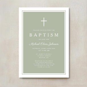 Invitation Baptême élégant de bébé garçon à la croix verte sa