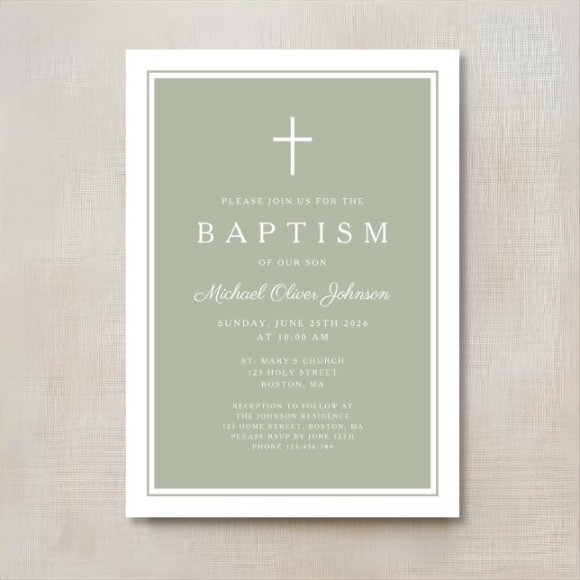 Invitation Baptême élégant de bébé garçon à la croix verte sa (Elegant Sage Green Cross Baby Boy Baptism Invitation)