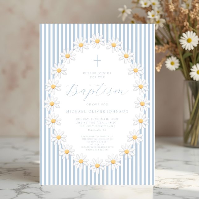 Invitation Baptême élégant de bébé garçon aux fleurs bleues (Elegant Baby Blue Floral Boy Baptism Invitation)