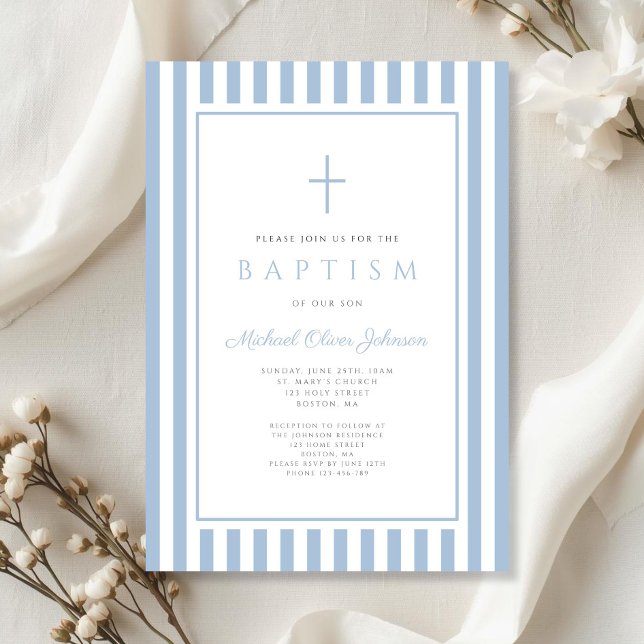 Invitation Baptême élégant de bébé garçon bleu (Elegant Baby Blue Boy Baptism Invitation)