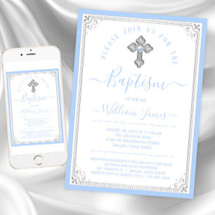 Invitation Baptême élégant de bébé garçon bleu argenté