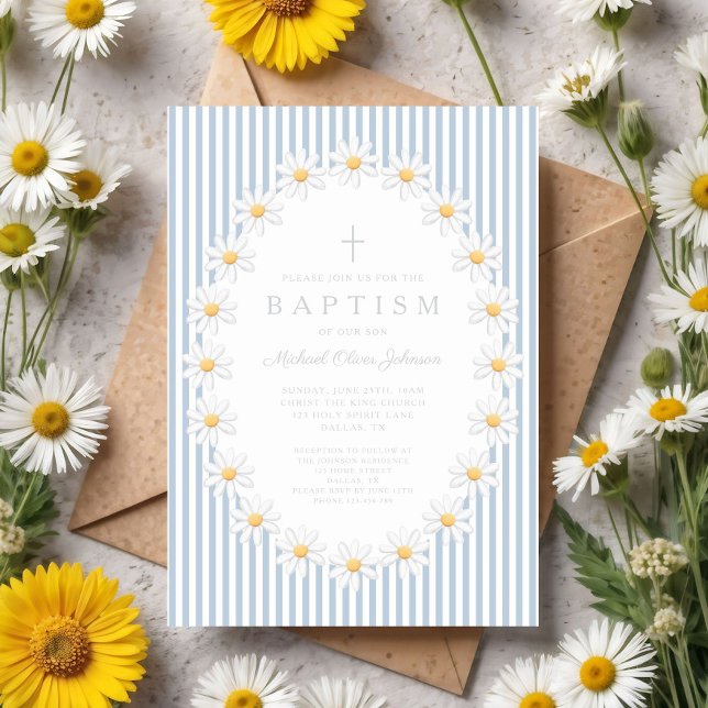 Invitation Baptême élégant de bébé garçon floral bleu (Elegant Baby Blue Floral Boy Baptism Invitation)