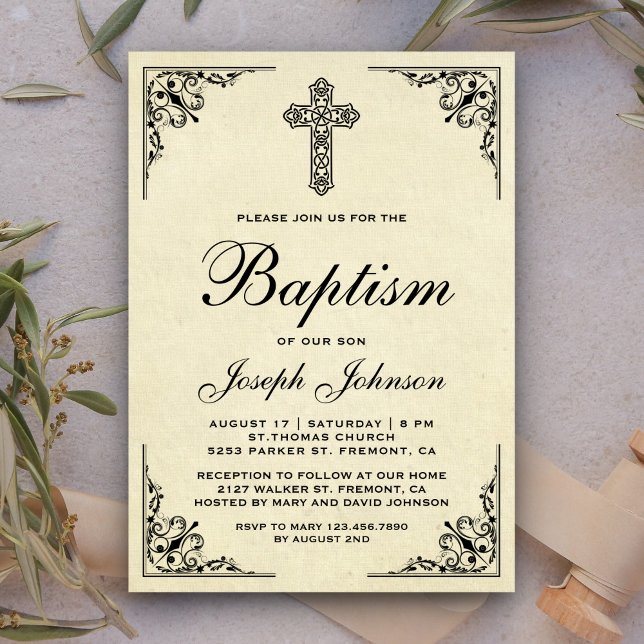 Invitation Baptême élégant de croix ornée vintage (Créateur téléchargé)