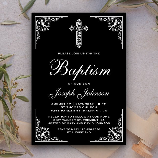 Invitation Baptême élégant de croix ornée vintage (Créateur téléchargé)
