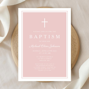 Invitation Baptême élégant de fille à la croix rose