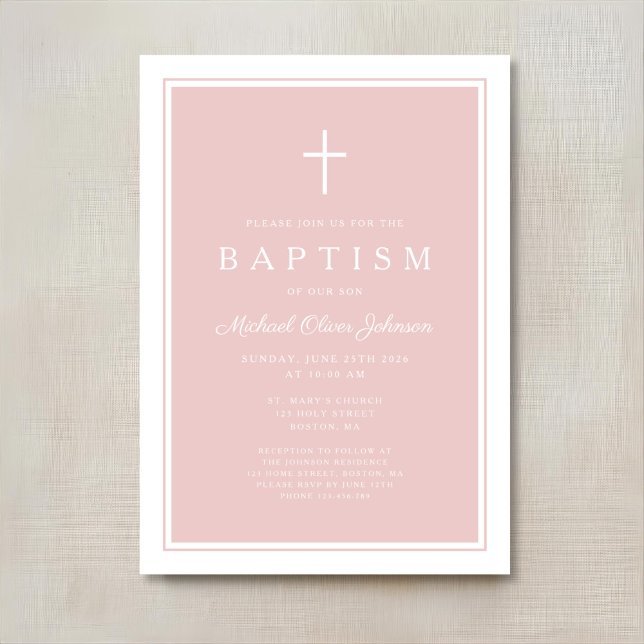 Invitation Baptême élégant de fille à la croix rose (Elegant Pink Cross Girl Baptism Invitation)
