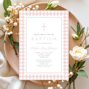 Invitation Baptême élégant de fille au rose poudré à carreaux
