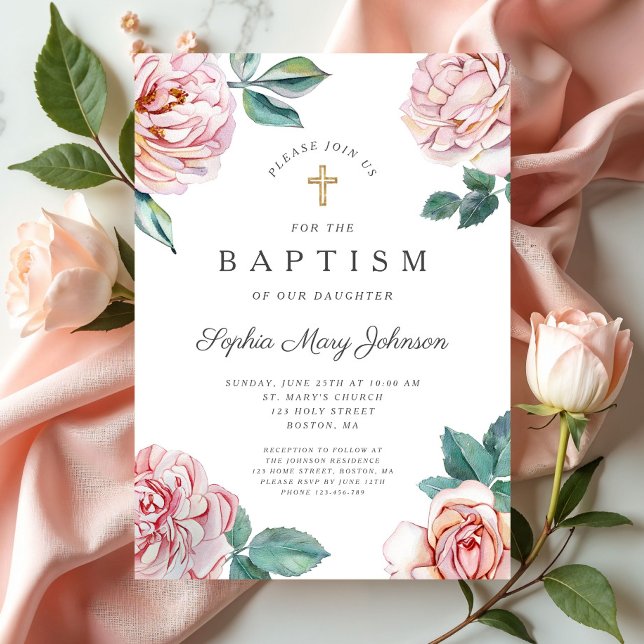 Invitation Baptême élégant de fille florale rose religieuse (Floral Peonies Gold Cross Religious Baptism Invitation)