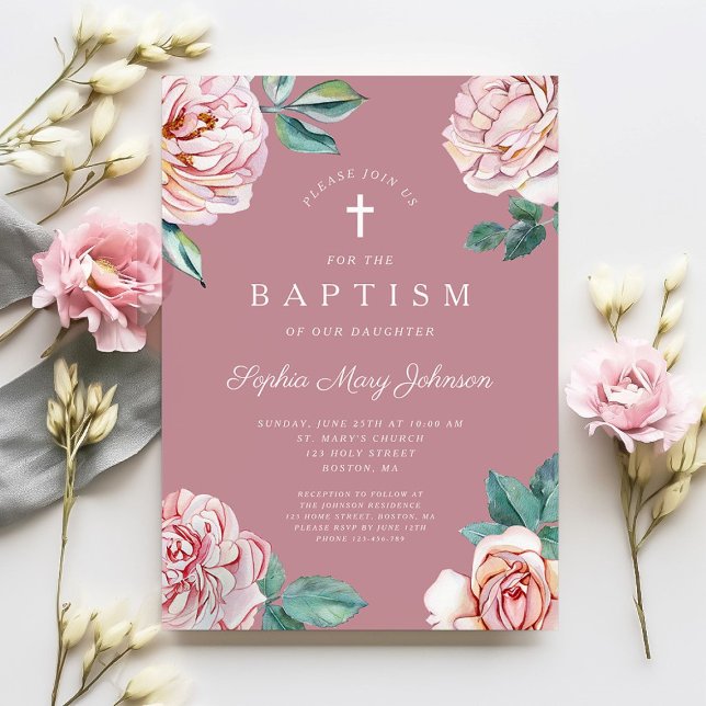 Invitation Baptême élégant de fille florale rose religieuse (Religious Cross Dusty Pink Peonies Girl Baptism Invitation)