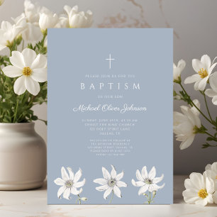 Invitation Baptême élégant de fleur sauvage florale bleue