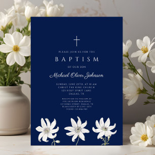 Invitation Baptême élégant de fleurs sauvages bleu marine