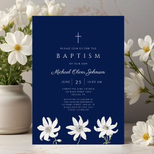 Invitation Baptême élégant de fleurs sauvages bleues pour gar