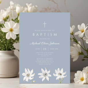 Invitation Baptême élégant de fleurs sauvages bleues pour gar