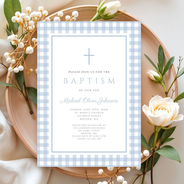 Invitation Baptême élégant de garçon à carreaux bleu bébé (Elegant Baby Blue Gingham Boy Baptism Invitation)
