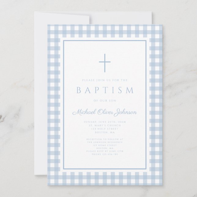 Invitation Baptême élégant de garçon à carreaux bleu bébé (Devant)