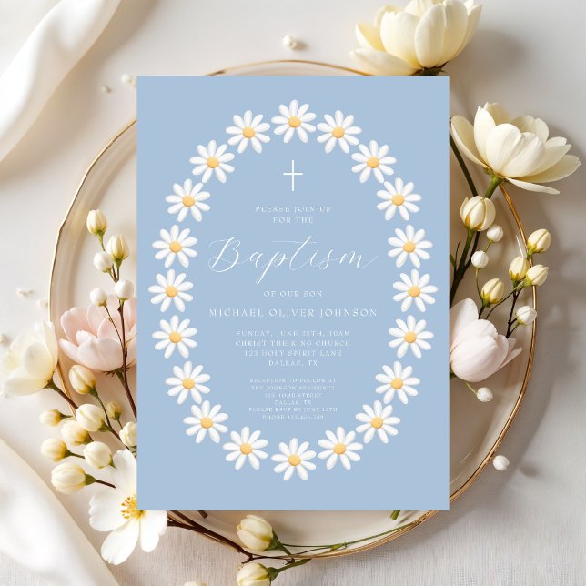 Invitation Baptême élégant de garçon aux fleurs bleu bébé (Elegant Baby Blue Floral Boy Baptism Invitation)