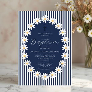 Invitation Baptême élégant de garçon avec fleurs en bleu mari
