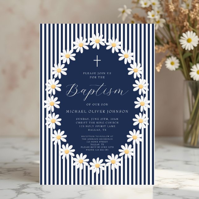 Invitation Baptême élégant de garçon avec fleurs en bleu mari (Elegant Navy Blue Floral Boy Baptism Invitation)