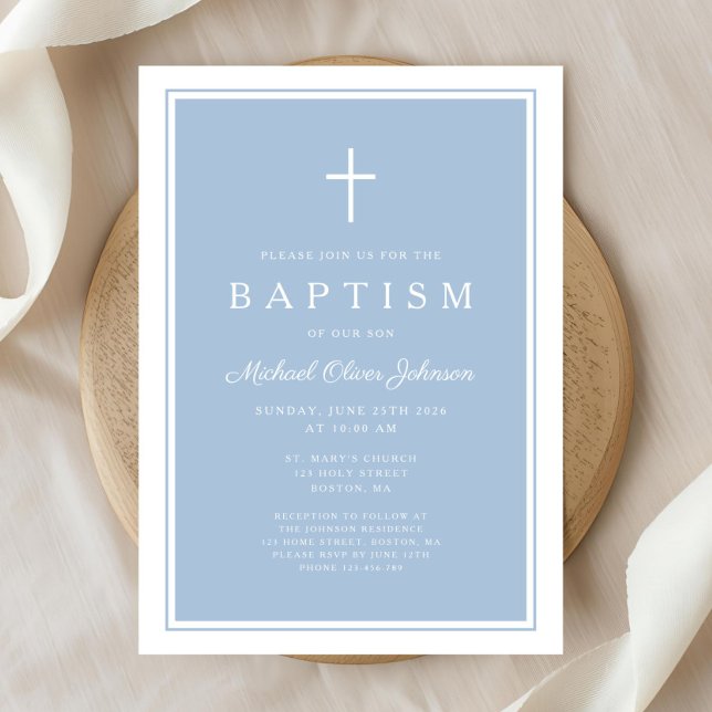 Invitation Baptême élégant de garçon bleu bébé croix (Elegant Baby Blue Cross Boy Baptism Invitation)