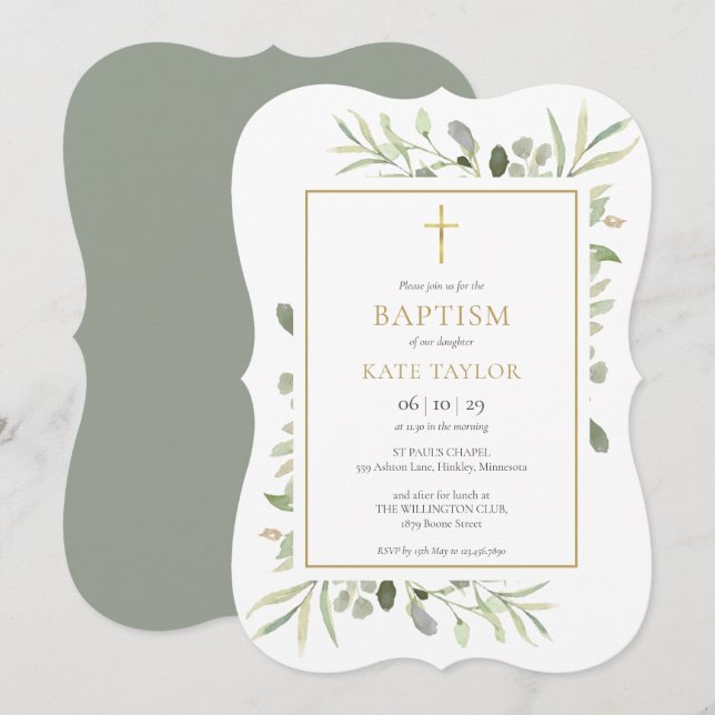 Invitation Baptême élégant de verdure (Devant / Derrière)