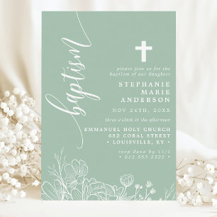 Invitation Baptême élégant écriture florale blanche Menthe Po