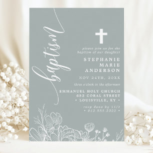 Invitation Baptême élégant écriture florale blanche Sage pous