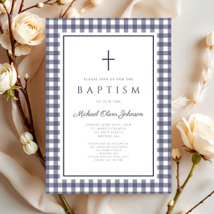 Invitation Baptême élégant en bleu marine à carreaux pour gar