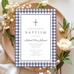 Invitation Baptême élégant en bleu marine à carreaux pour gar