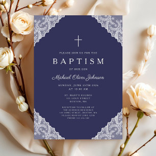 Invitation Baptême élégant en dentelle bleu marine pour bébé