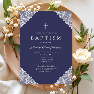 Invitation Baptême élégant en dentelle bleu marine pour bébé