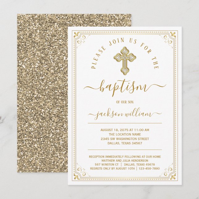 Invitation Baptême élégant et neutre en or (Devant / Derrière)