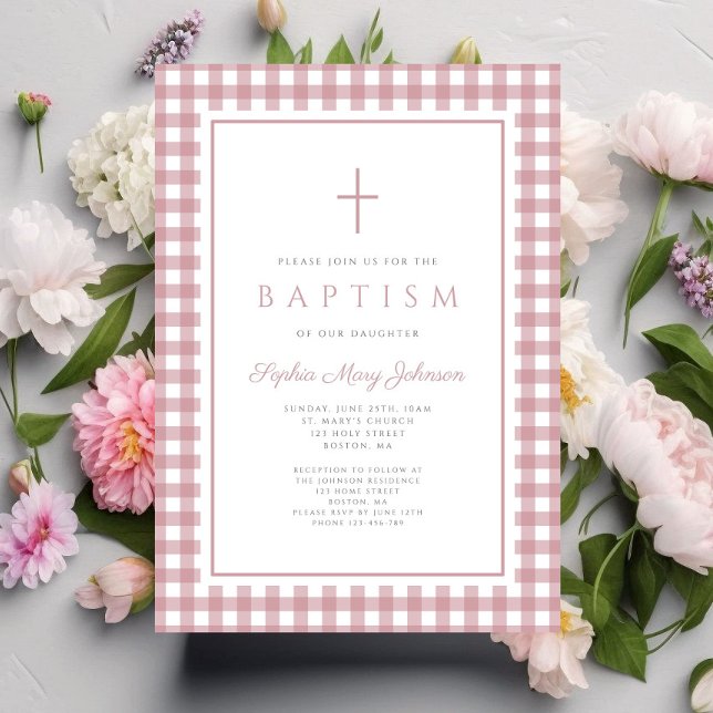Invitation Baptême élégant fille rose poussiéreux gingembre (Elegant Dusty Pink Gingham Girl Baptism Invitation)