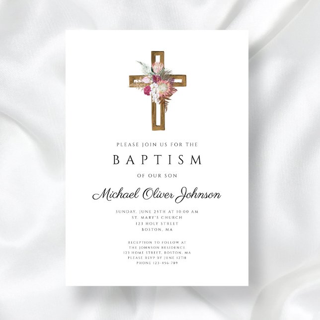 Invitation Baptême élégant floral boho croix  (Elegant Floral Boho Cross Baptism Invitation)