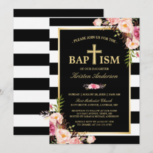 Invitation Baptême - Elégant floral or noir blanc rayures