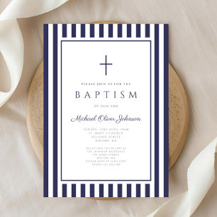 Invitation Baptême élégant garçon croix bleu marine