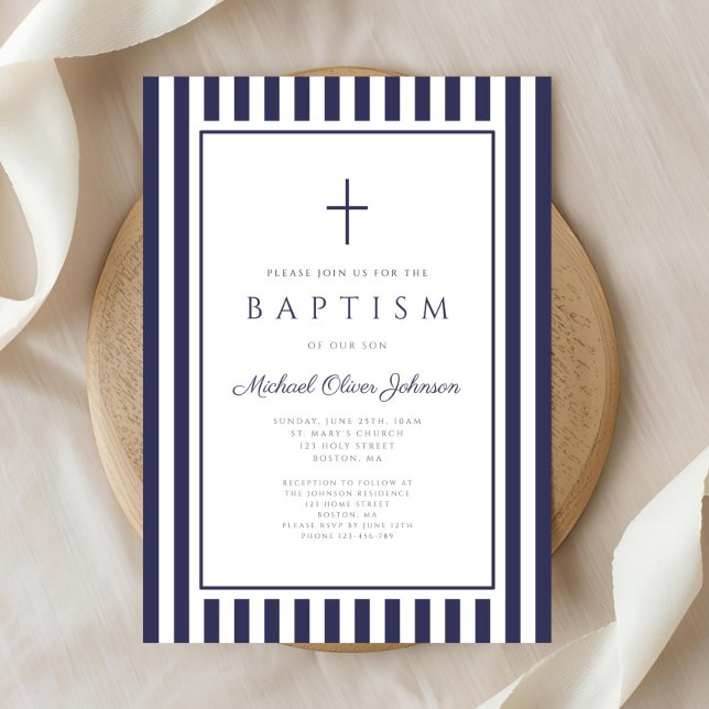 Invitation Baptême élégant garçon croix bleu marine (Elegant Navy Blue Cross Boy Baptism Invitation)
