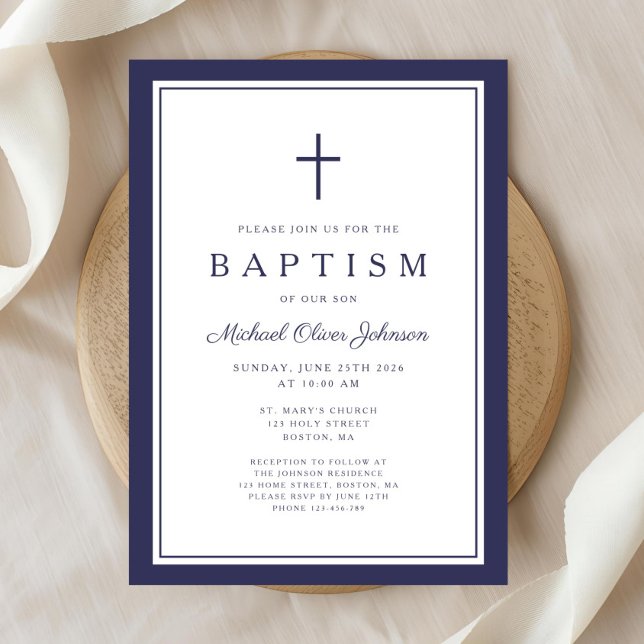 Invitation Baptême élégant garçon croix bleu marine (Elegant Navy Blue Cross Boy Baptism Invitation)