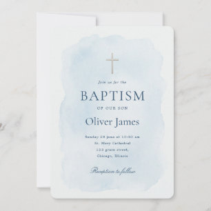 Invitation Baptême élégant garçon croix dorée aquarelle bleue