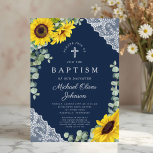 Invitation Baptême élégant garçon croix florale bleu marine