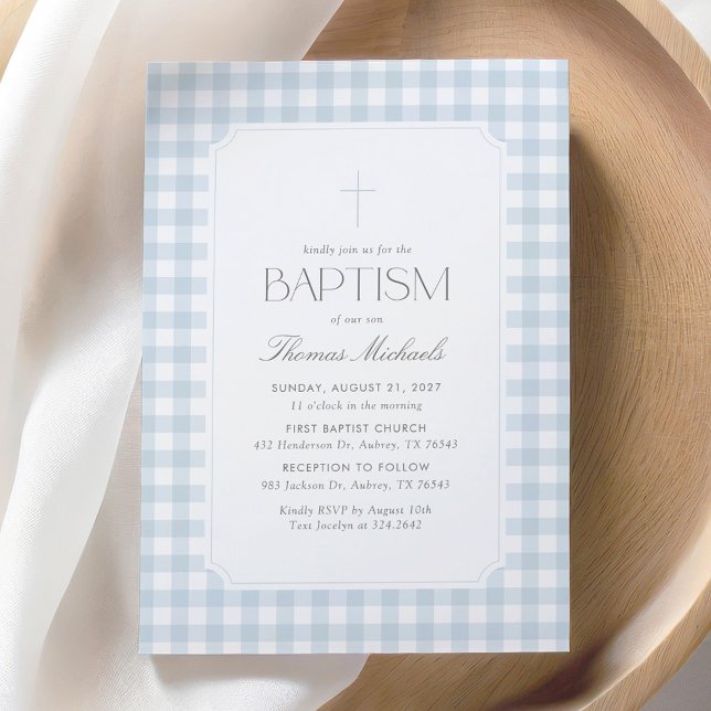 Invitation Baptême élégant garçon croix Gingham Bleu (Créateur téléchargé)