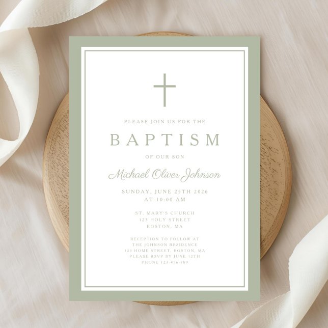 Invitation Baptême élégant garçon croix vert sauge (Elegant Sage Green Cross Boy Baptism Invitation)