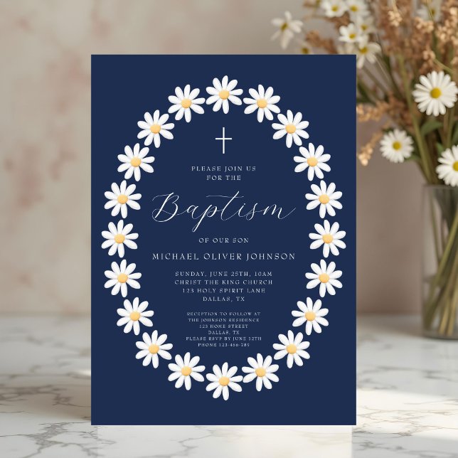 Invitation Baptême élégant garçon floral bleu marine (Elegant Navy Blue Floral Boy Baptism Invitation)