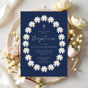 Invitation Baptême élégant garçon floral bleu marine