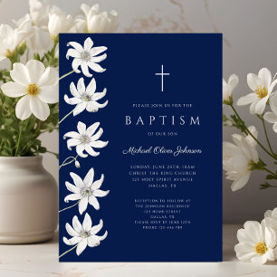 Invitation Baptême élégant garçon floral marine
