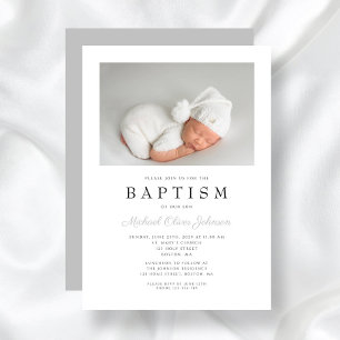 Invitation Baptême élégant garçon photo gris