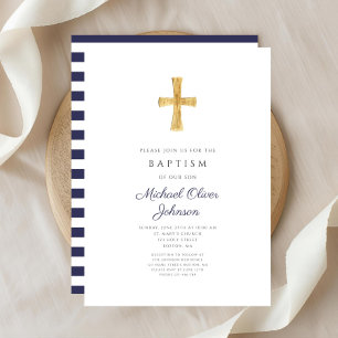 Invitation Baptême élégant garçon religieux croix bleu marine