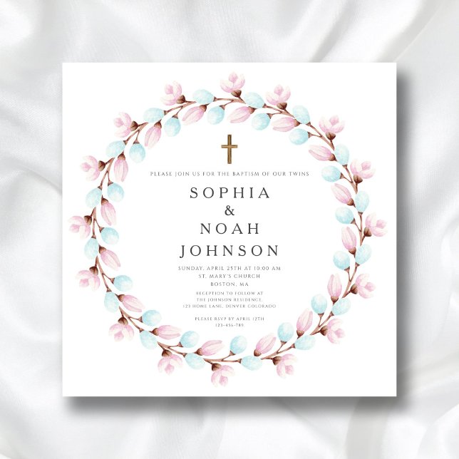 Invitation Baptême Elégant Jumeaux Croix Rose Bleu (Elegant Pink Blue Cross Twins Baptism Invitation)