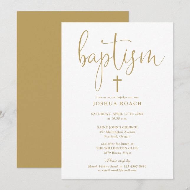 Invitation Baptême élégant moderne écriture or (Devant / Derrière)
